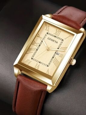 Geneva Gold-Tone Rectangular Watch with Brown Strap and Champagne Dial